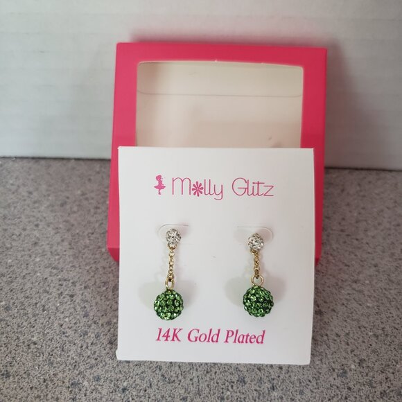Molly Glitz 14k Gold Plated Lime White Crystal Ball Dangle Earrings - Picture 7 of 7